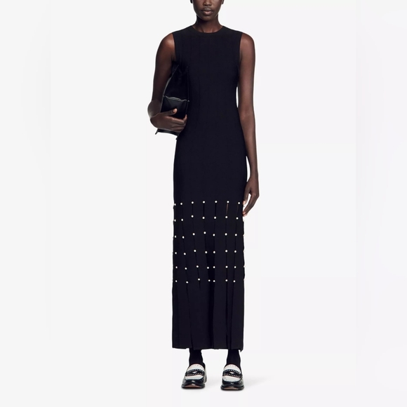 SANDROFringe studded stretch-knit maxi dress - Picture 1 of 9